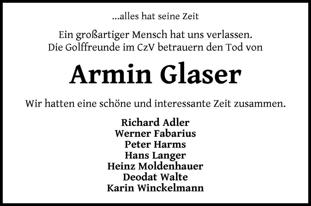 Traueranzeige von Armin Glaser von WESER-KURIER