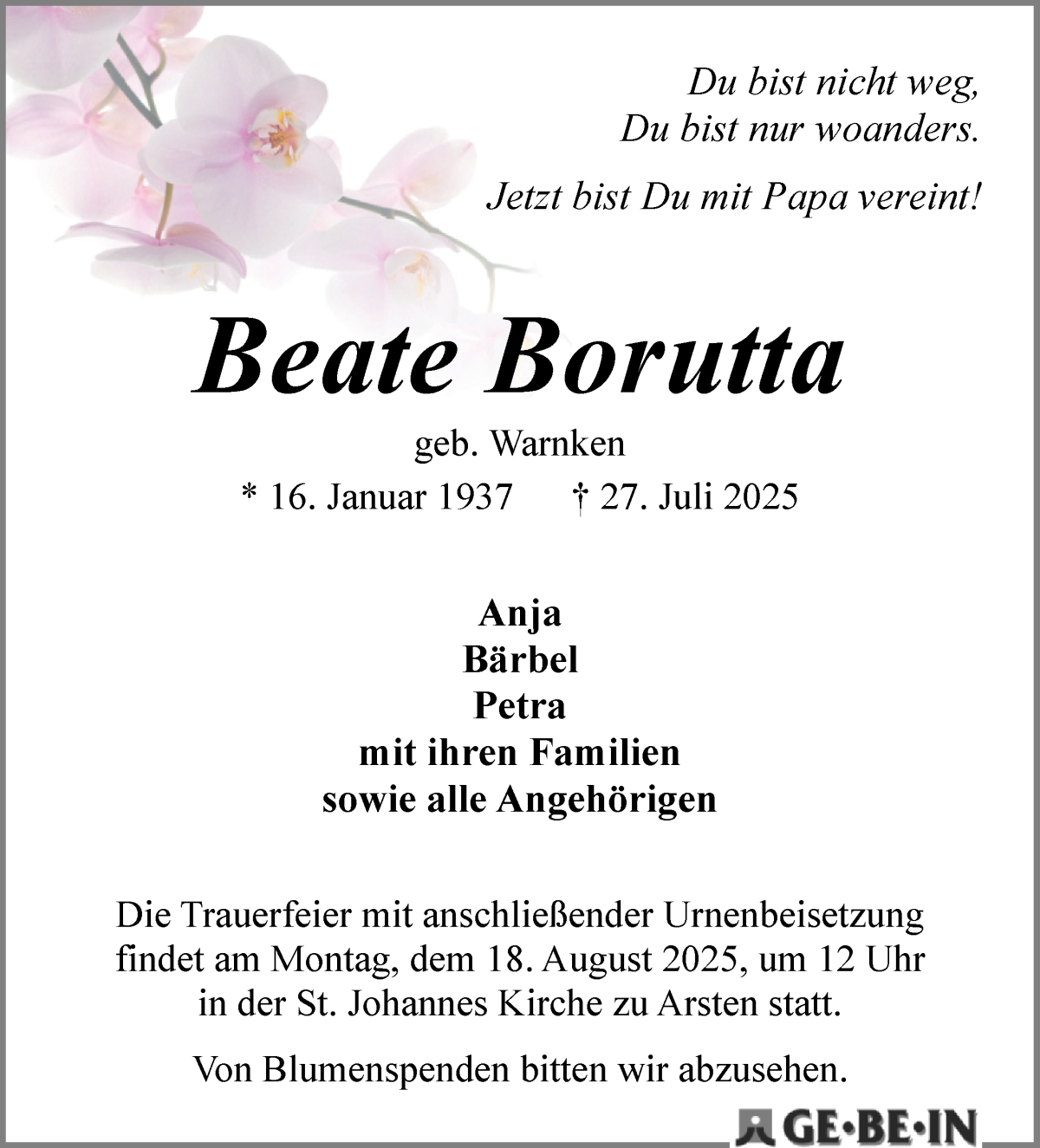 Traueranzeige von Beate Borutta von WESER-KURIER