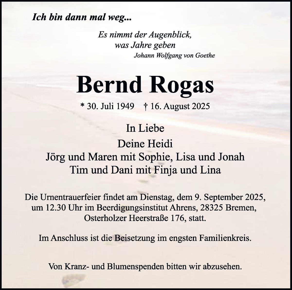 Traueranzeige von Bernd Rogas von WESER-KURIER