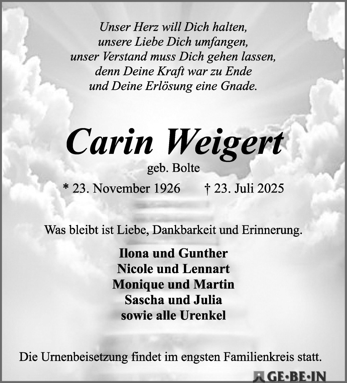 Traueranzeige von Carin Weigert von WESER-KURIER