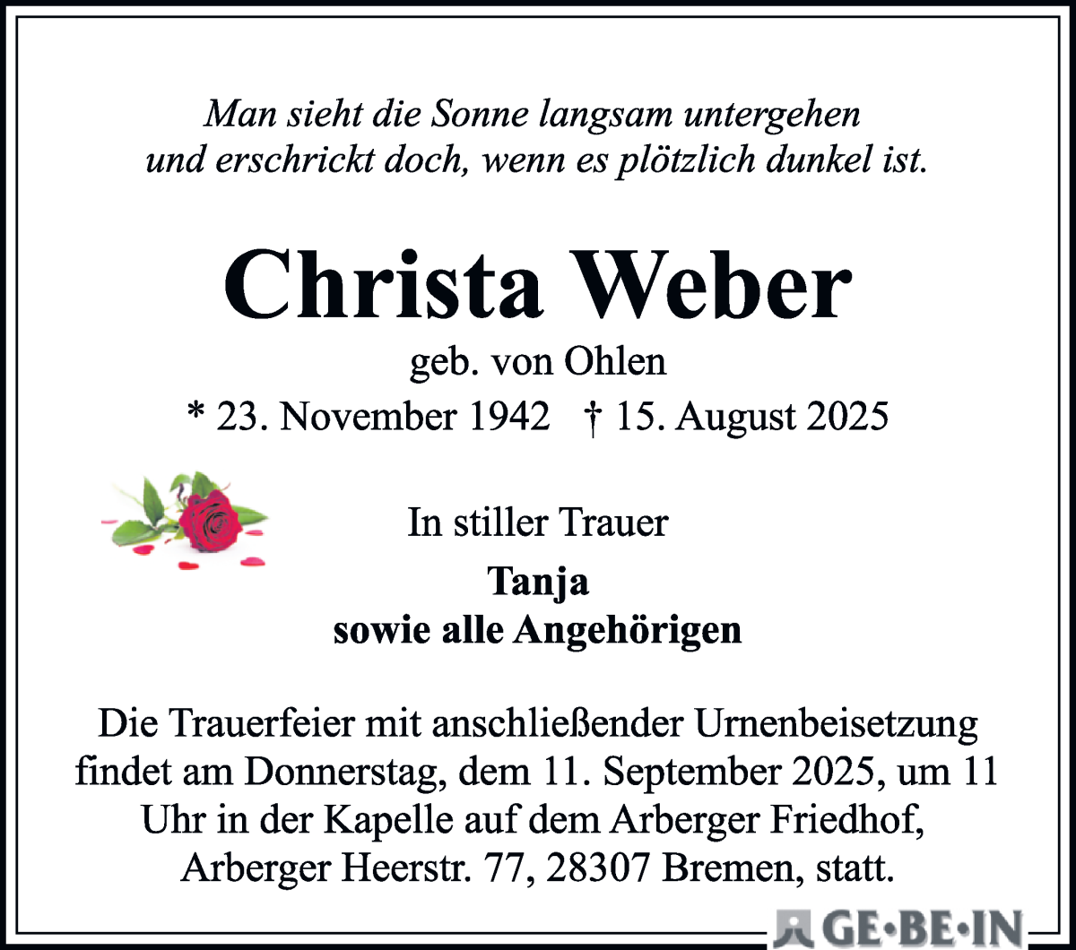 Traueranzeige von Christa Weber von WESER-KURIER