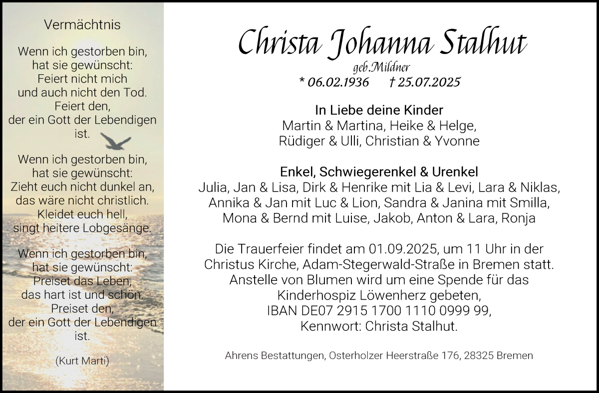 Traueranzeige von Christa Johanna Stalhut von WESER-KURIER