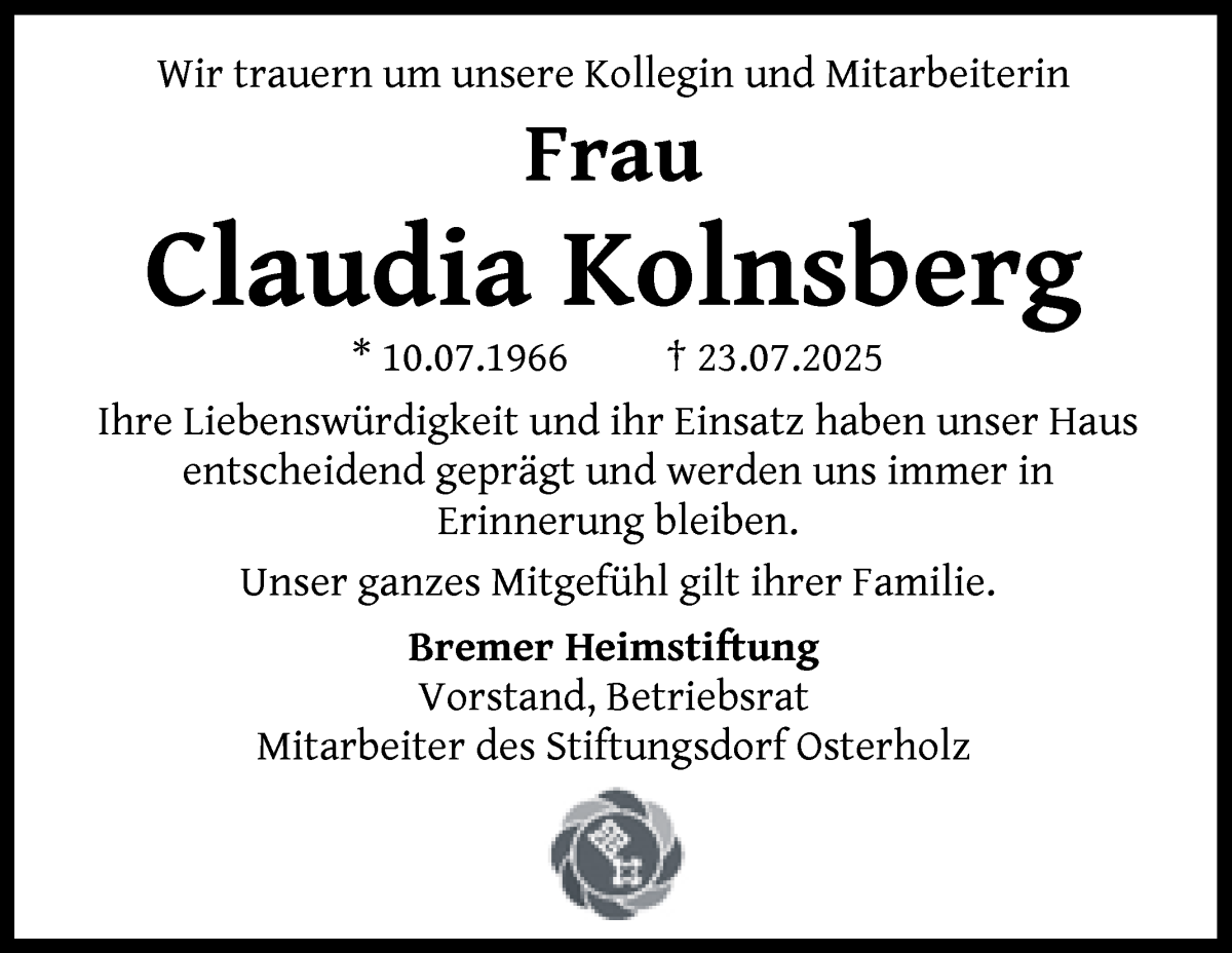 Traueranzeige von Claudia Kolnsberg von WESER-KURIER