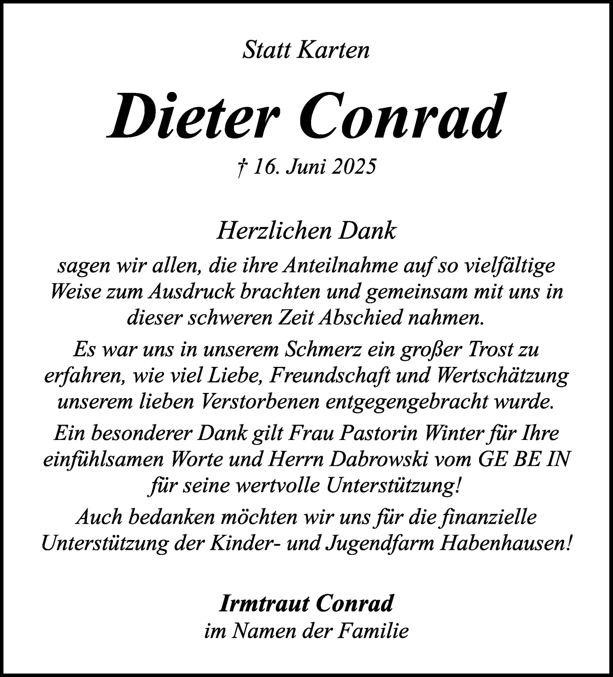 Traueranzeige von Dieter Conrad von WESER-KURIER