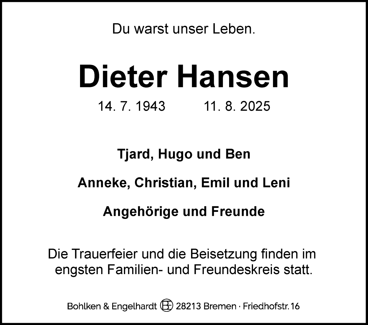 Traueranzeige von Dieter Hansen von WESER-KURIER