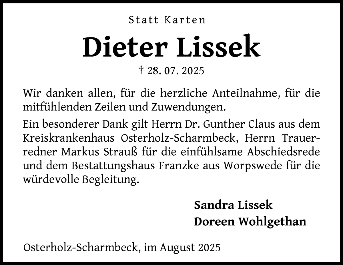  Traueranzeige für Dieter Lissek vom 30.08.2025 aus Osterholzer Kreisblatt