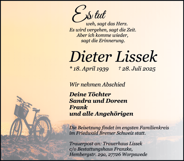 Traueranzeige von Dieter Lissek von Osterholzer Kreisblatt