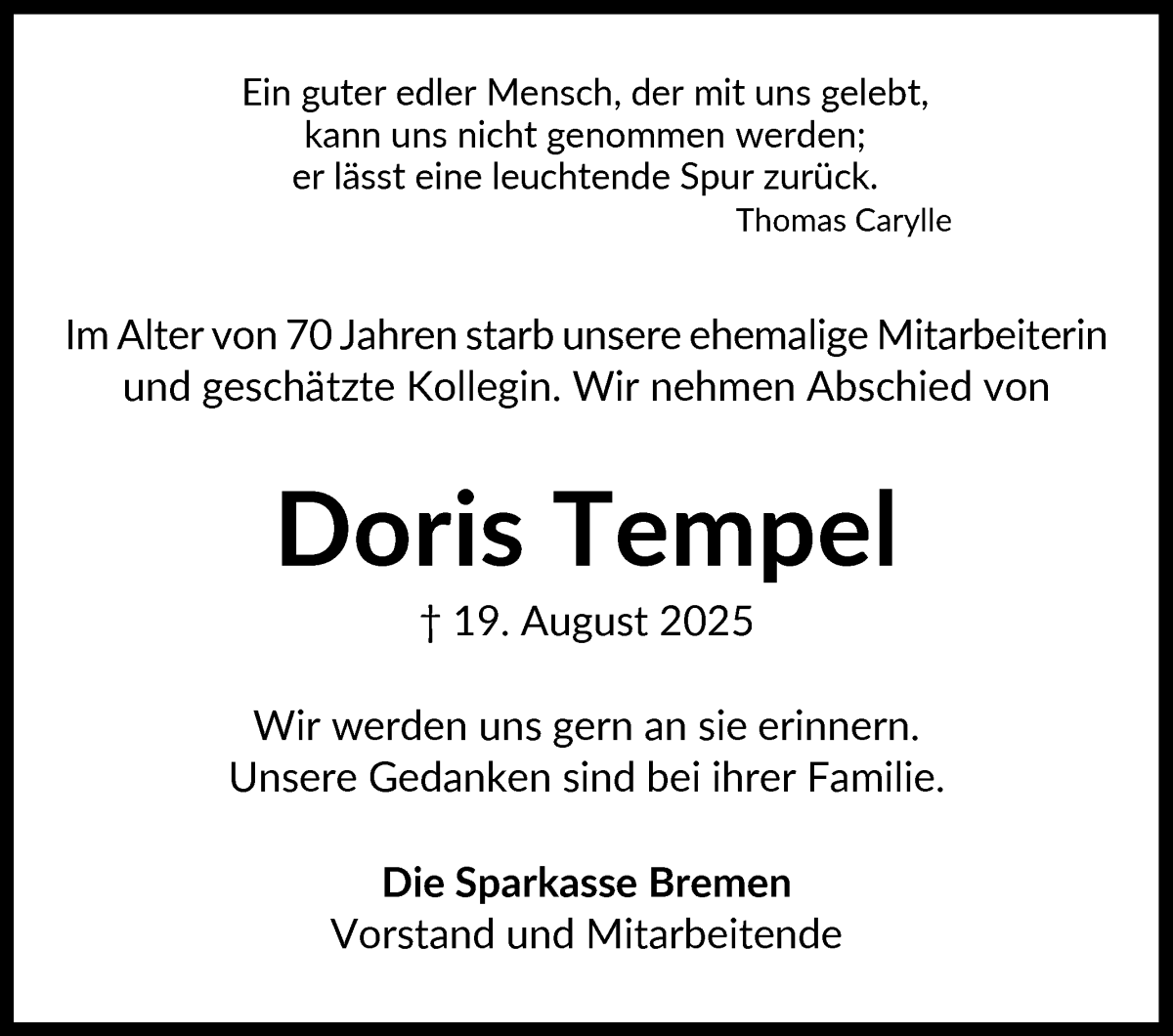 Traueranzeige von Doris Tempel von WESER-KURIER