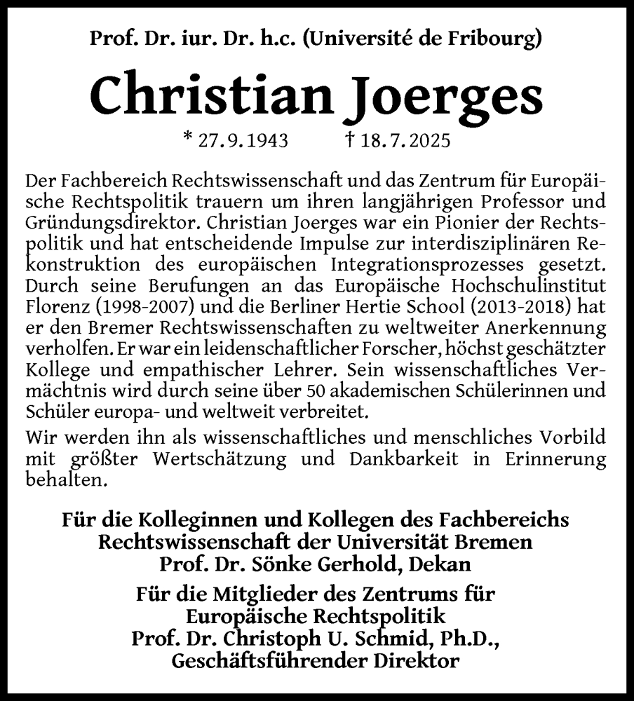 Traueranzeige von Prof. Dr. Dr. h.c. Christian Joerges von WESER-KURIER
