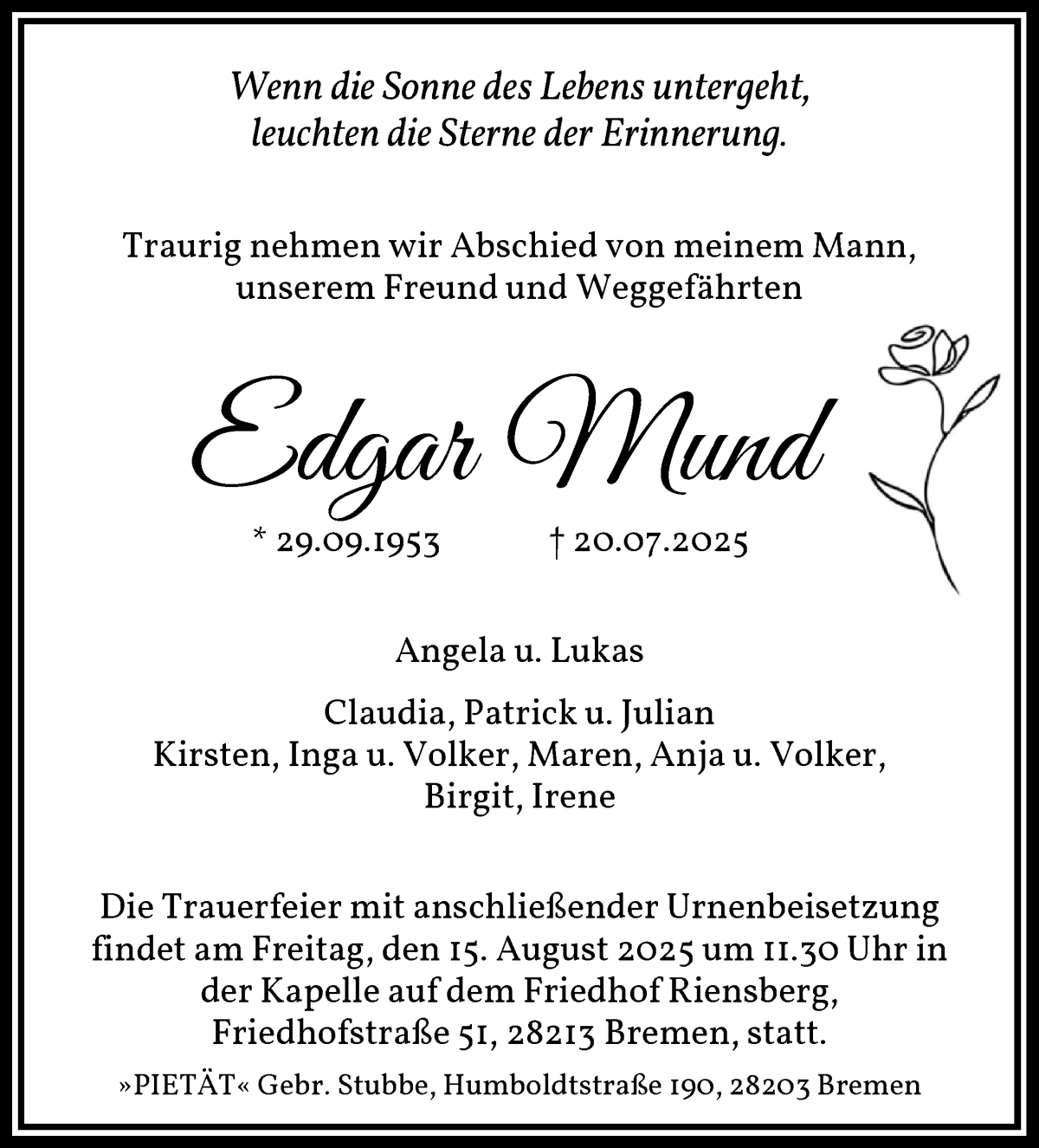 Traueranzeige von Edgar Mund von WESER-KURIER