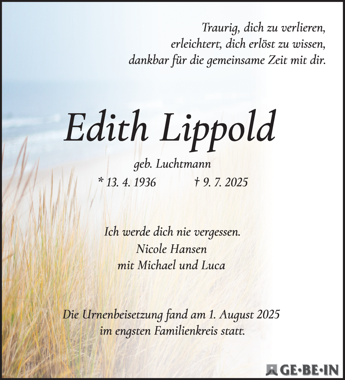 Traueranzeige von Edith Lippold von WESER-KURIER