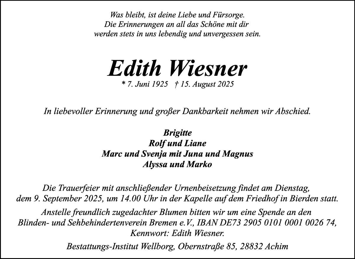 Traueranzeige von Edith Wiesner von Achimer Kurier/Verdener Nachrichten