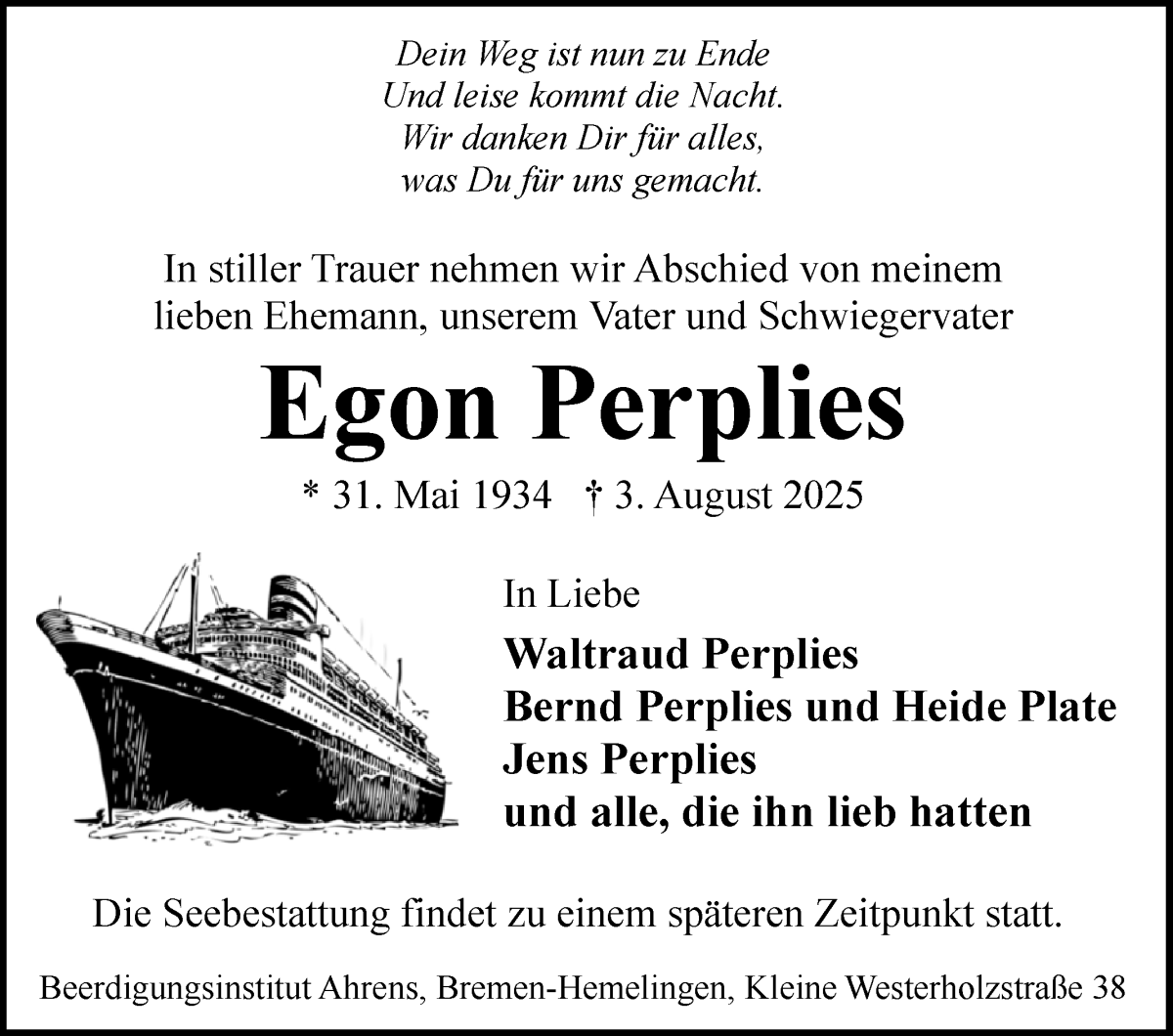 Traueranzeige von Egon Perplies von WESER-KURIER