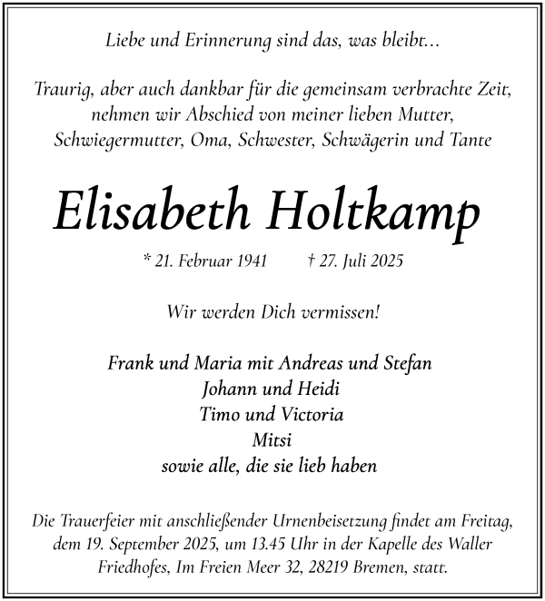 Traueranzeige von Elisabeth Holtkamp von WESER-KURIER