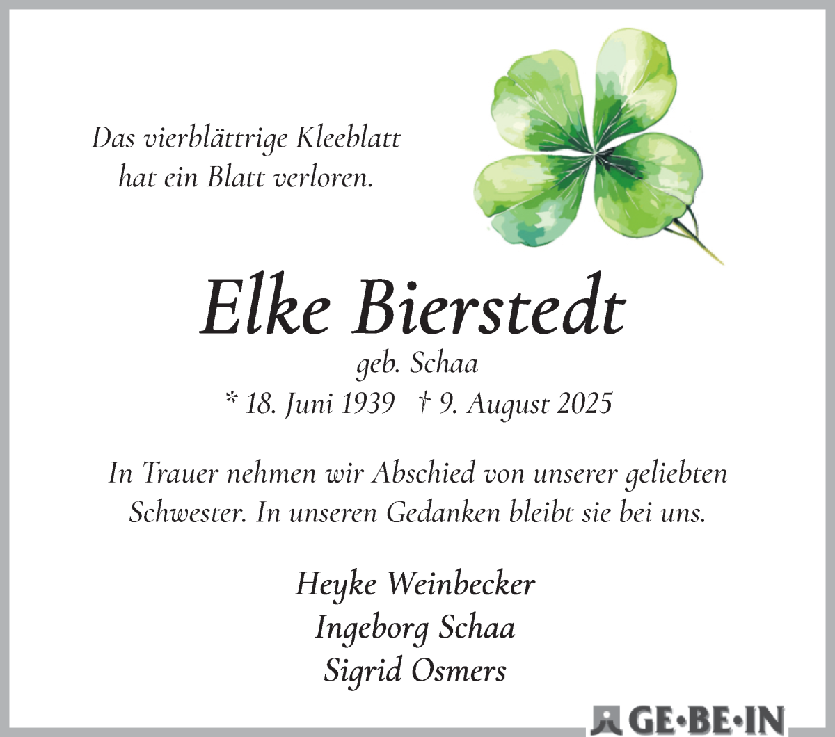 Traueranzeige von Elke Bierstedt von Die Norddeutsche