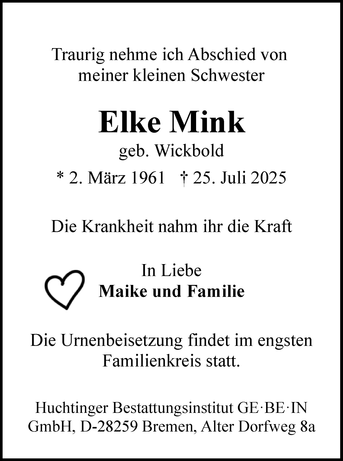 Traueranzeige von Elke Mink von WESER-KURIER
