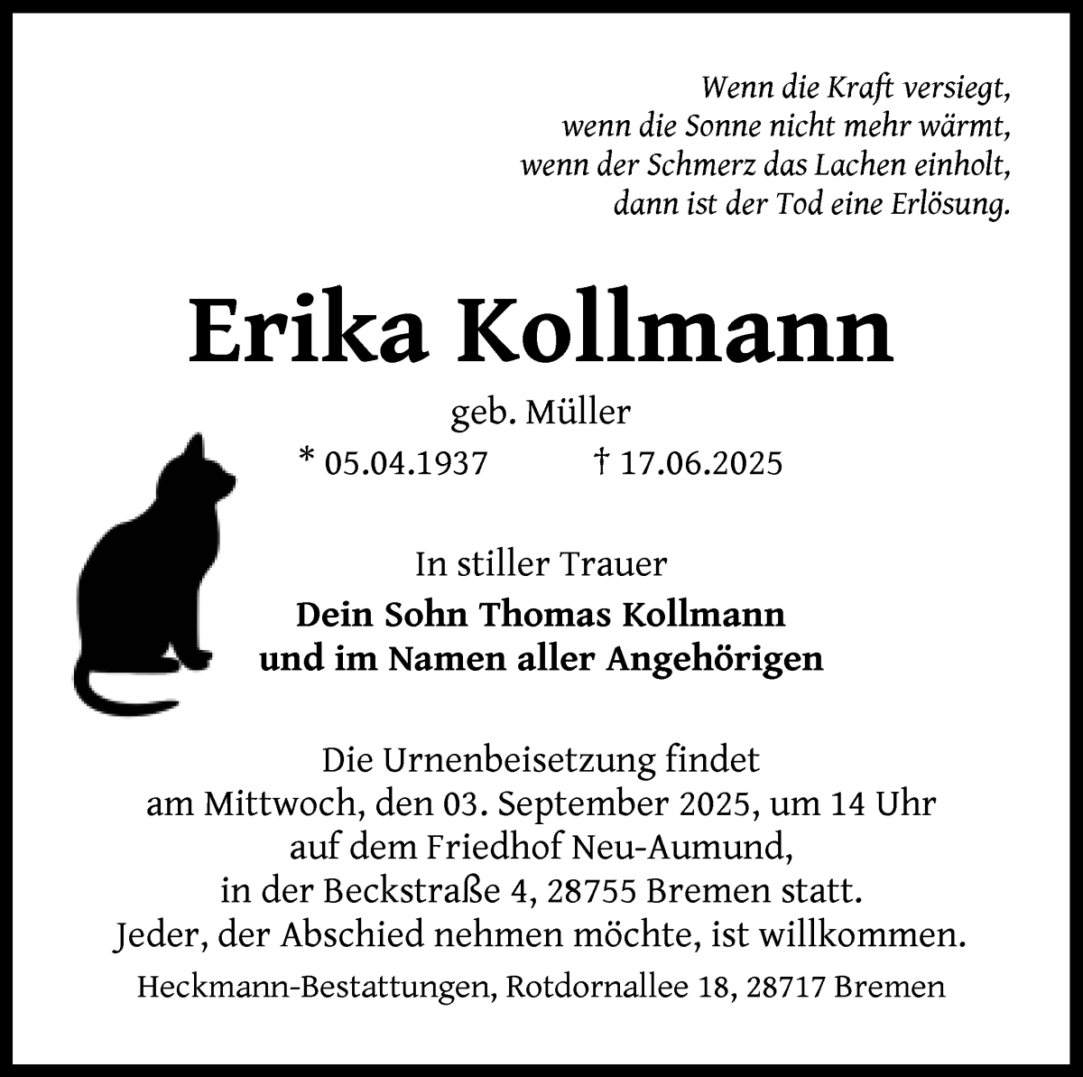 Traueranzeige von Erika Kollmann von Die Norddeutsche