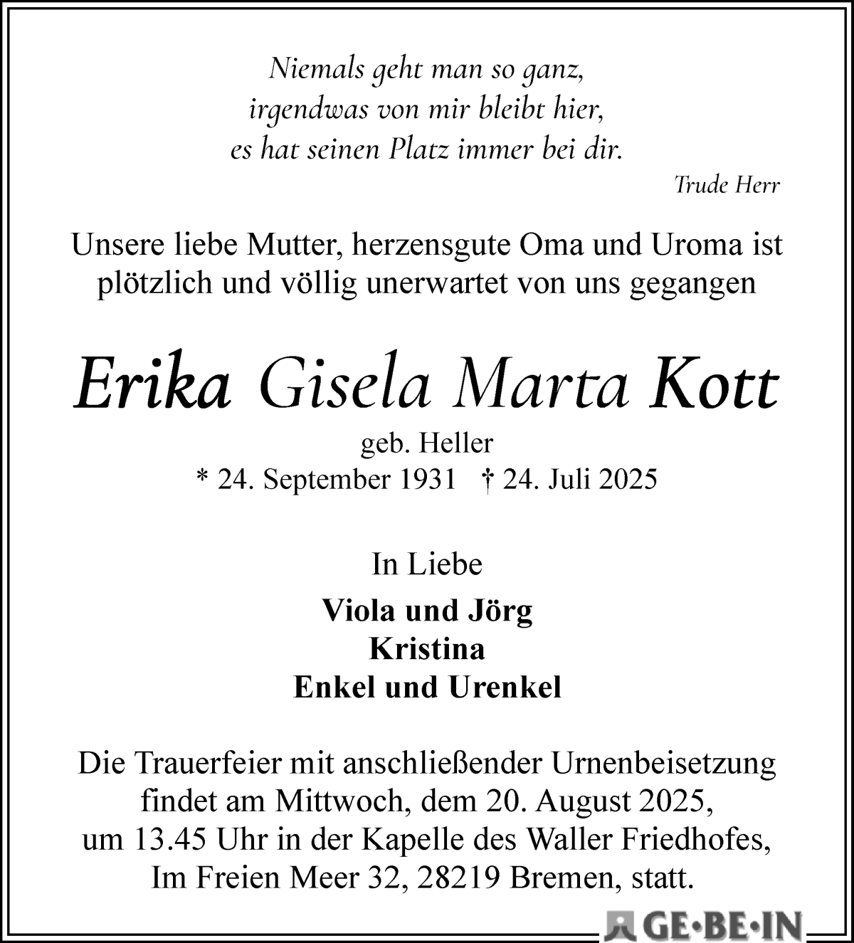 Traueranzeige von Erika Gisela Marta Kott von WESER-KURIER