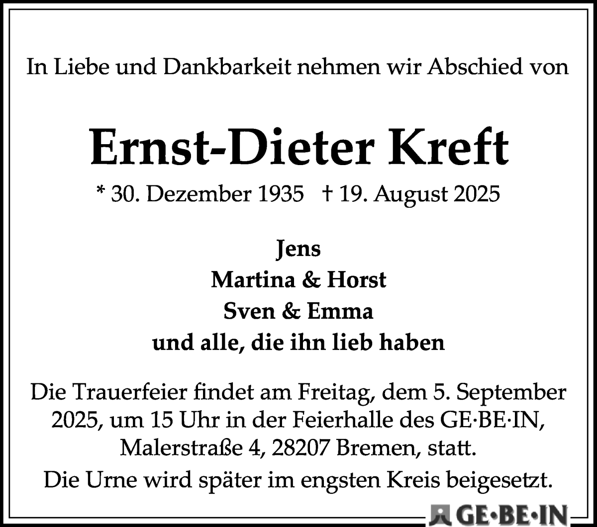 Traueranzeige von Ernst-Dieter Kreft von WESER-KURIER