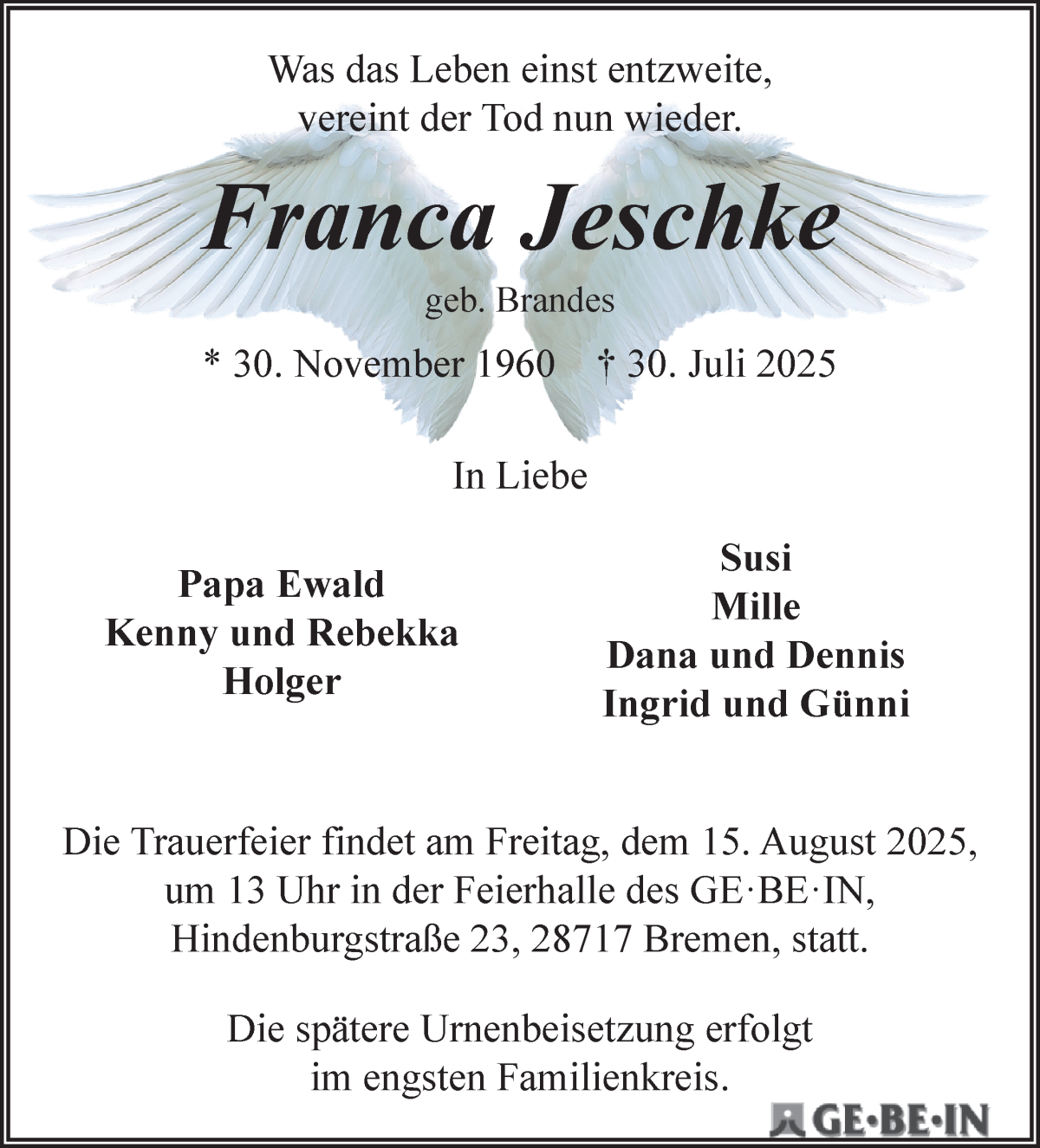Traueranzeige von Franca Jeschke von WESER-KURIER