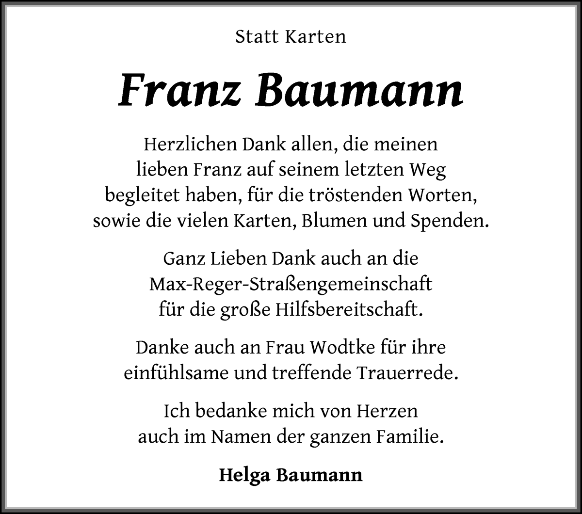 Traueranzeige von Franz Baumann von WESER-KURIER