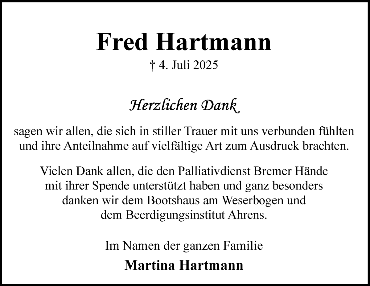 Traueranzeige von Fred Hartmann von WESER-KURIER