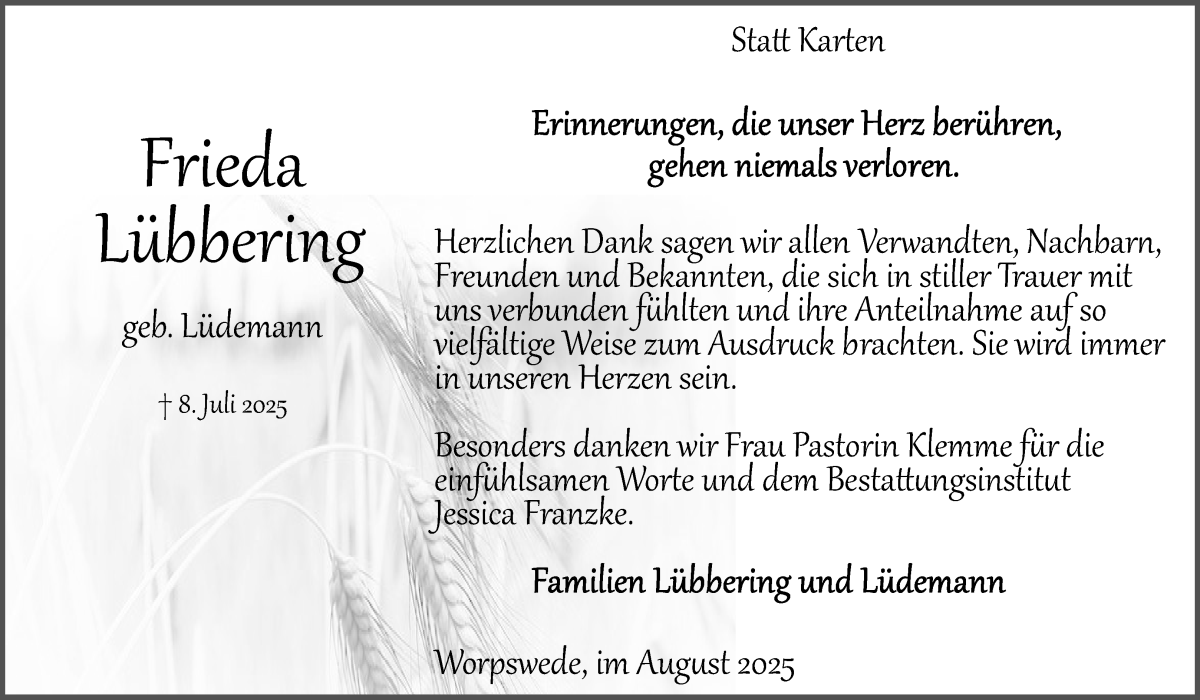  Traueranzeige für Frieda Lübbering vom 16.08.2025 aus Wuemme Zeitung