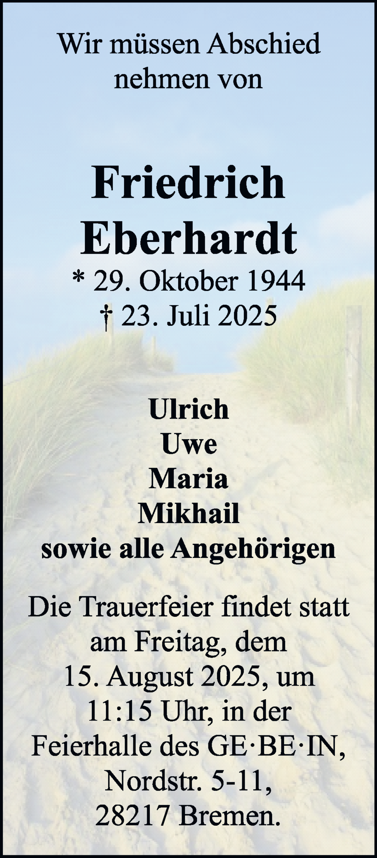 Traueranzeige von Friedrich Eberhardt von WESER-KURIER