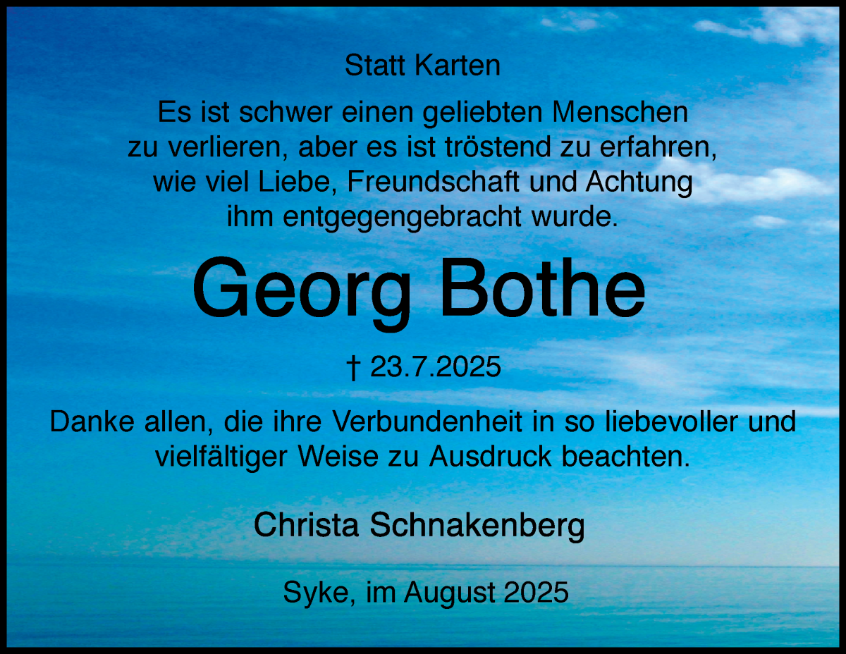  Traueranzeige für Georg Bothe vom 23.08.2025 aus Regionale Rundschau/Syker Kurier