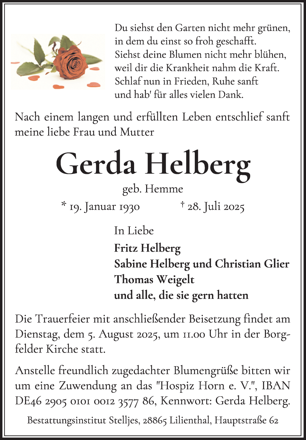  Traueranzeige für Gerda Helberg vom 02.08.2025 aus WESER-KURIER