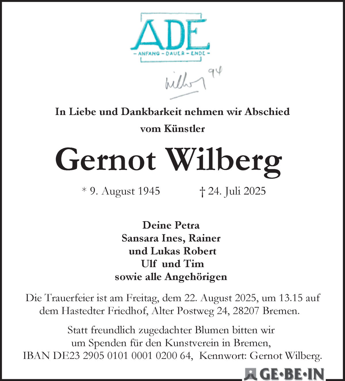 Traueranzeige von Gernot Wilberg von WESER-KURIER