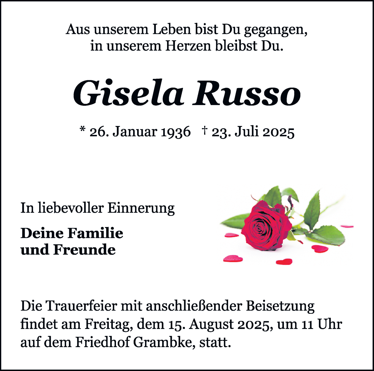 Traueranzeige von Gisela Russo von WESER-KURIER