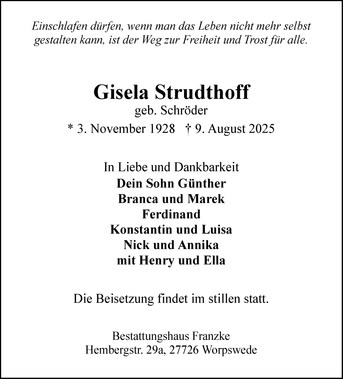 Traueranzeige von Gisela Strudthoff von WESER-KURIER