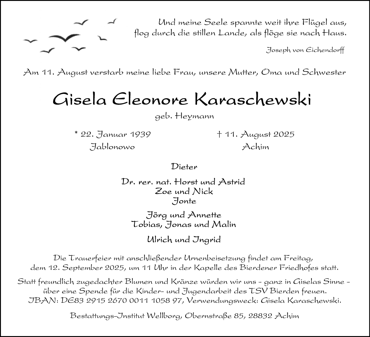 Traueranzeige von Gisela Eleonore Karaschewski von Achimer Kurier/Verdener Nachrichten