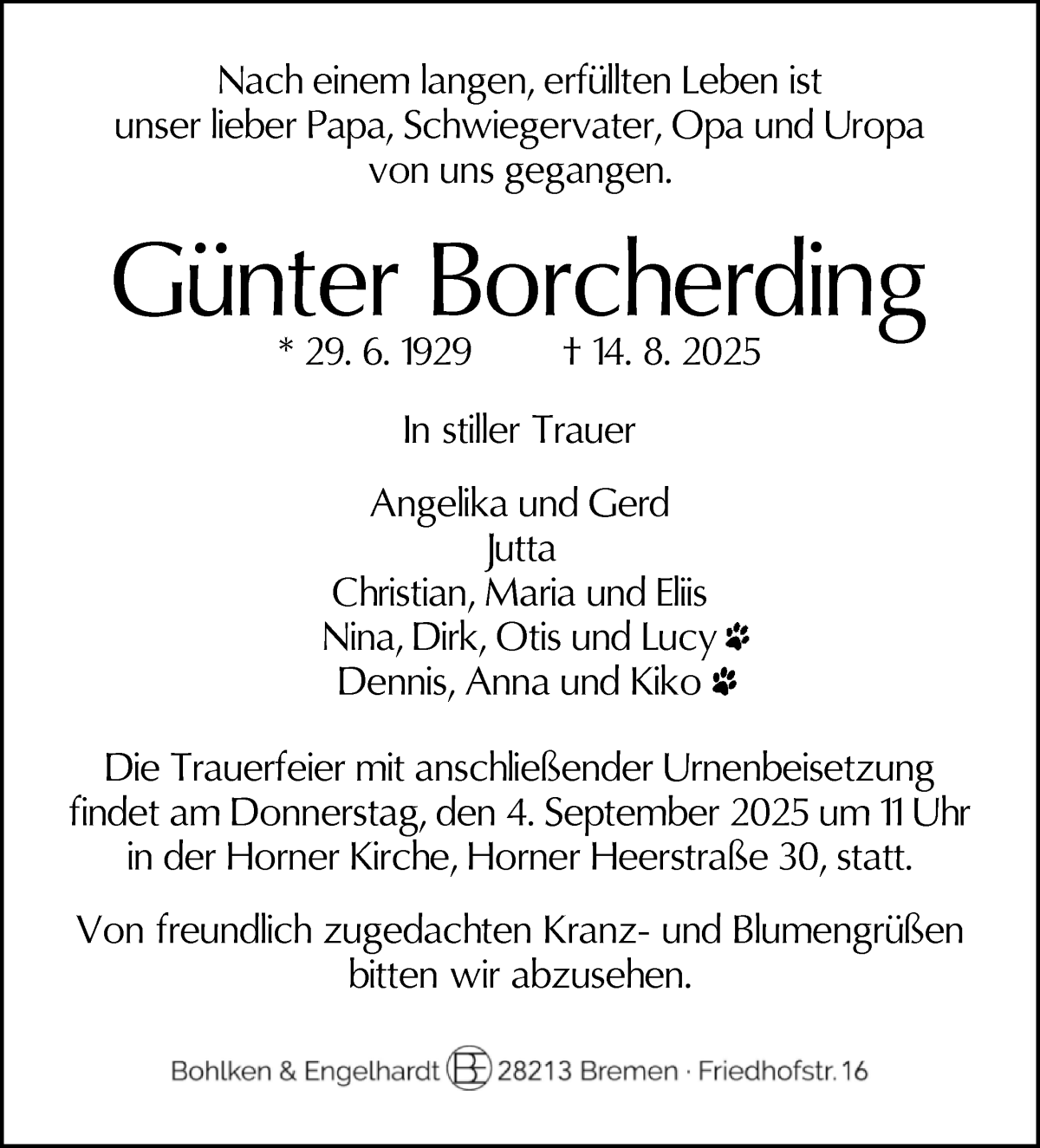 Traueranzeige von Günter Borcherding von WESER-KURIER