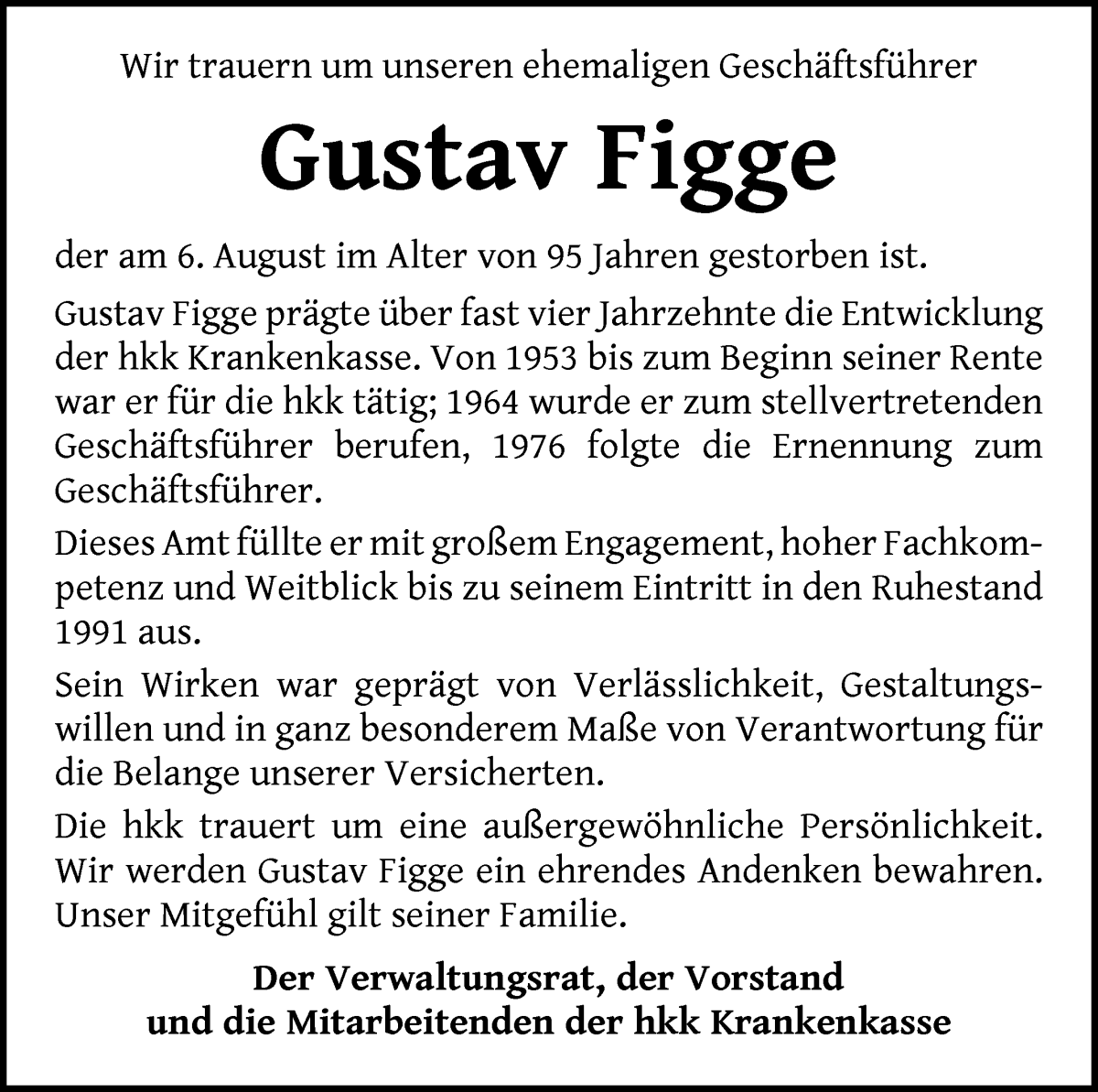 Traueranzeige von Gustav Figge von WESER-KURIER
