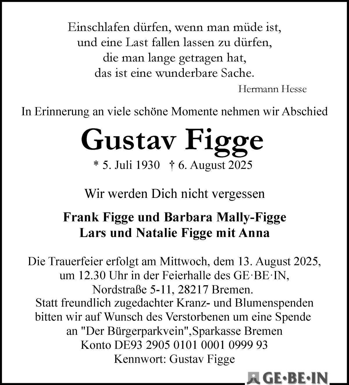 Traueranzeige von Gustav Figge von WESER-KURIER