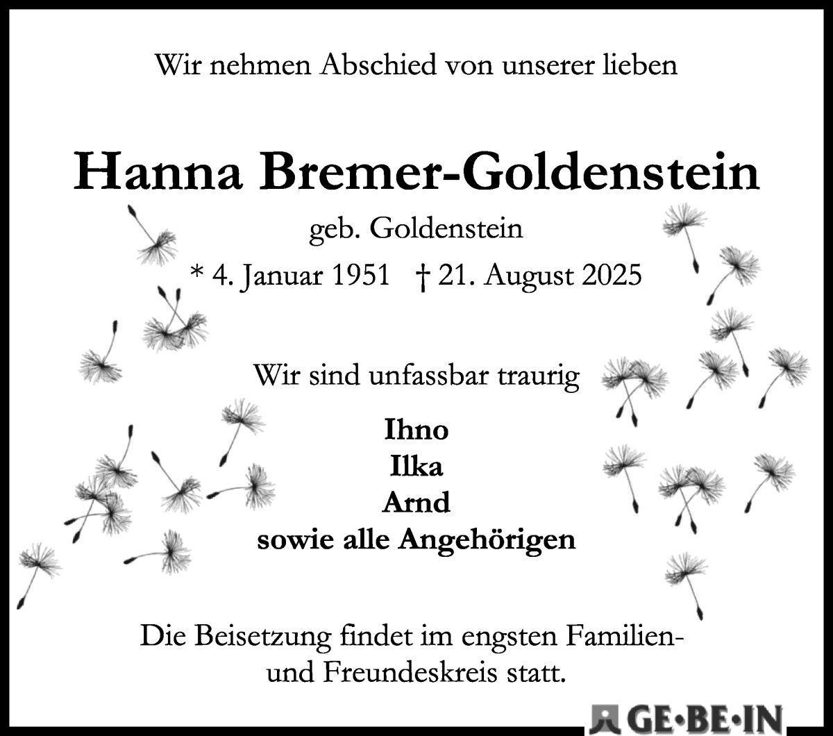 Traueranzeige von Hanna Bremer-Goldenstein von WESER-KURIER