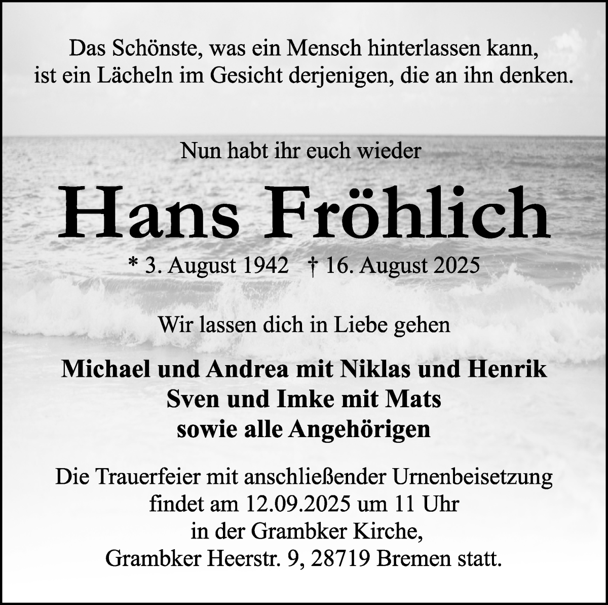 Traueranzeige von Hans Fröhlich von WESER-KURIER
