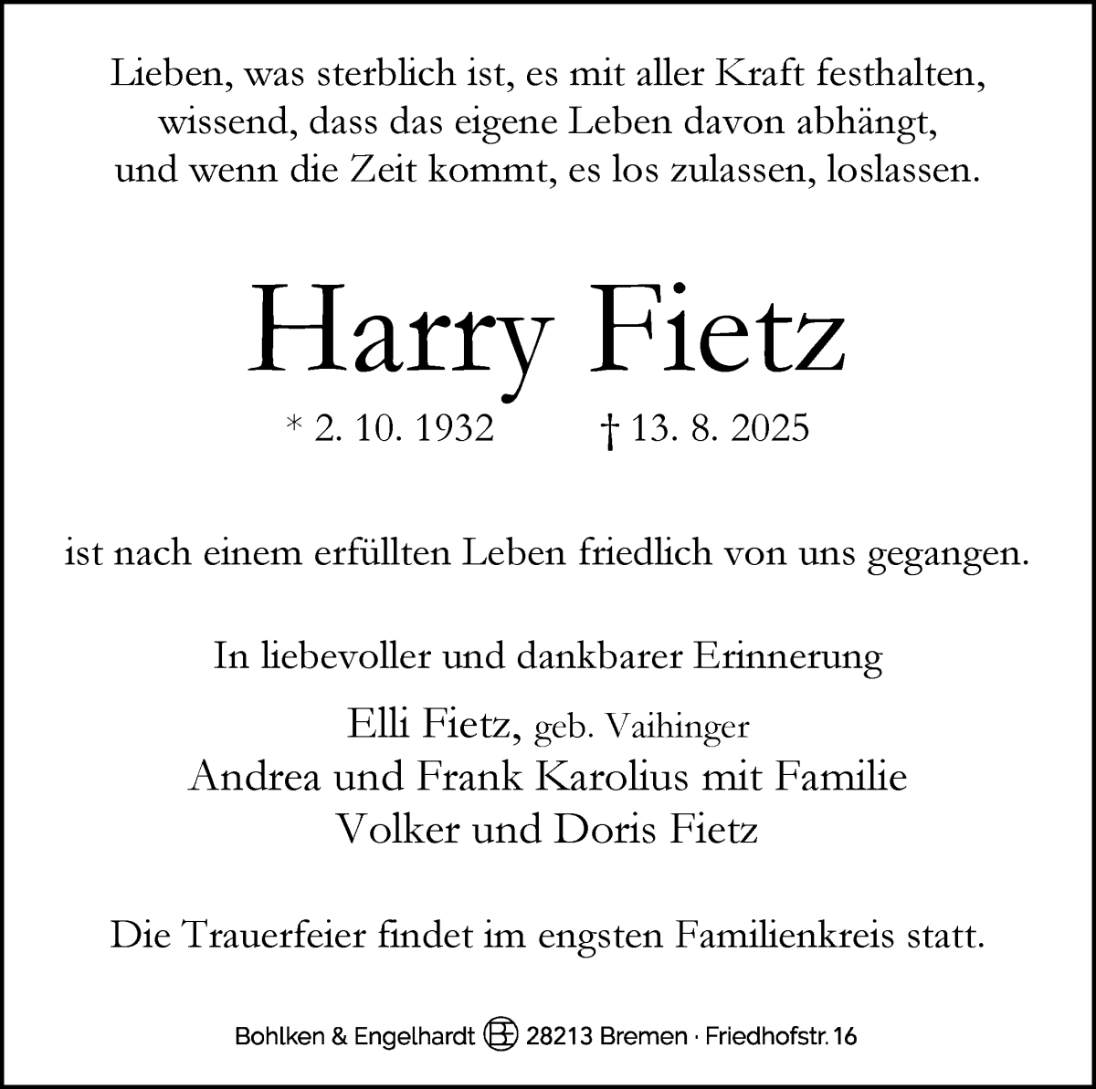 Traueranzeige von Harry Fietz von WESER-KURIER