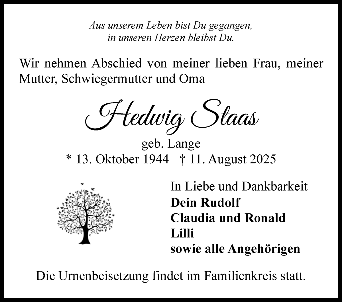 Traueranzeige von Hedwig Staas von WESER-KURIER