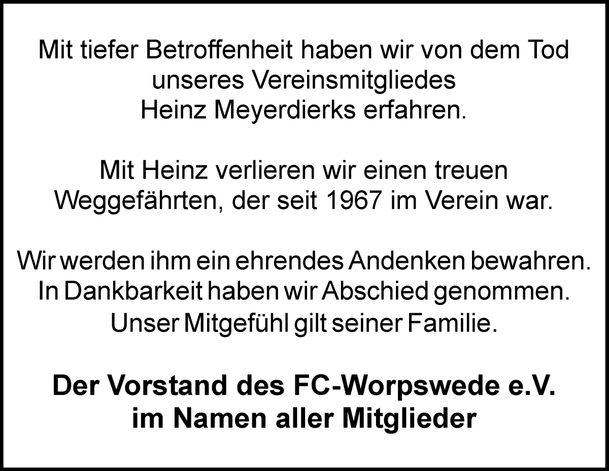Traueranzeige von Heinz Meyerdierks von Wuemme Zeitung
