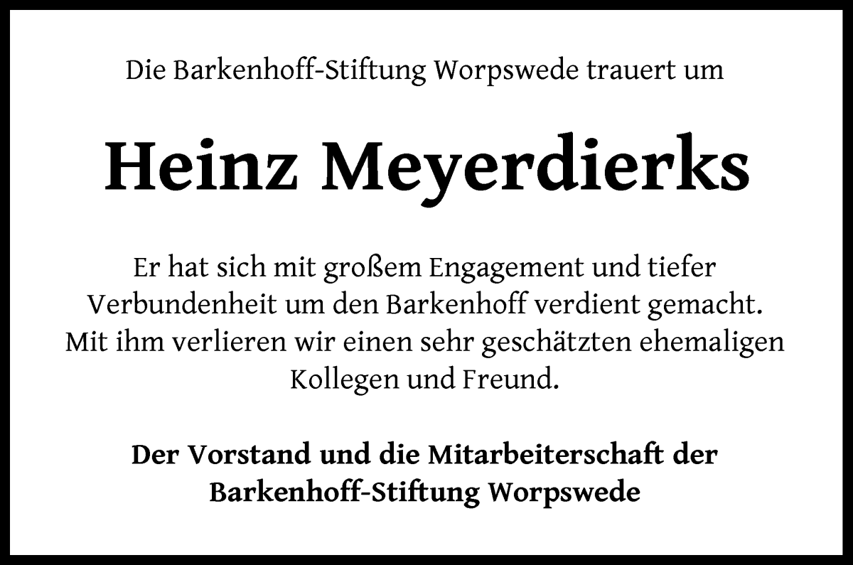 Traueranzeige von Heinz Meyerdierks von Wuemme Zeitung