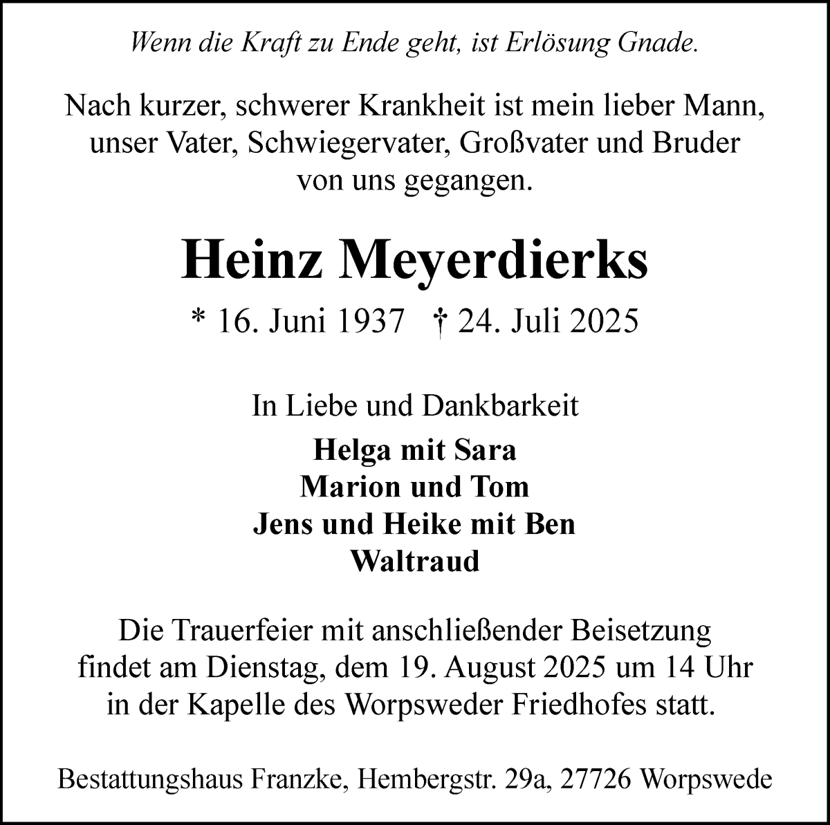 Traueranzeige von Heinz Meyerdierks von Wuemme Zeitung