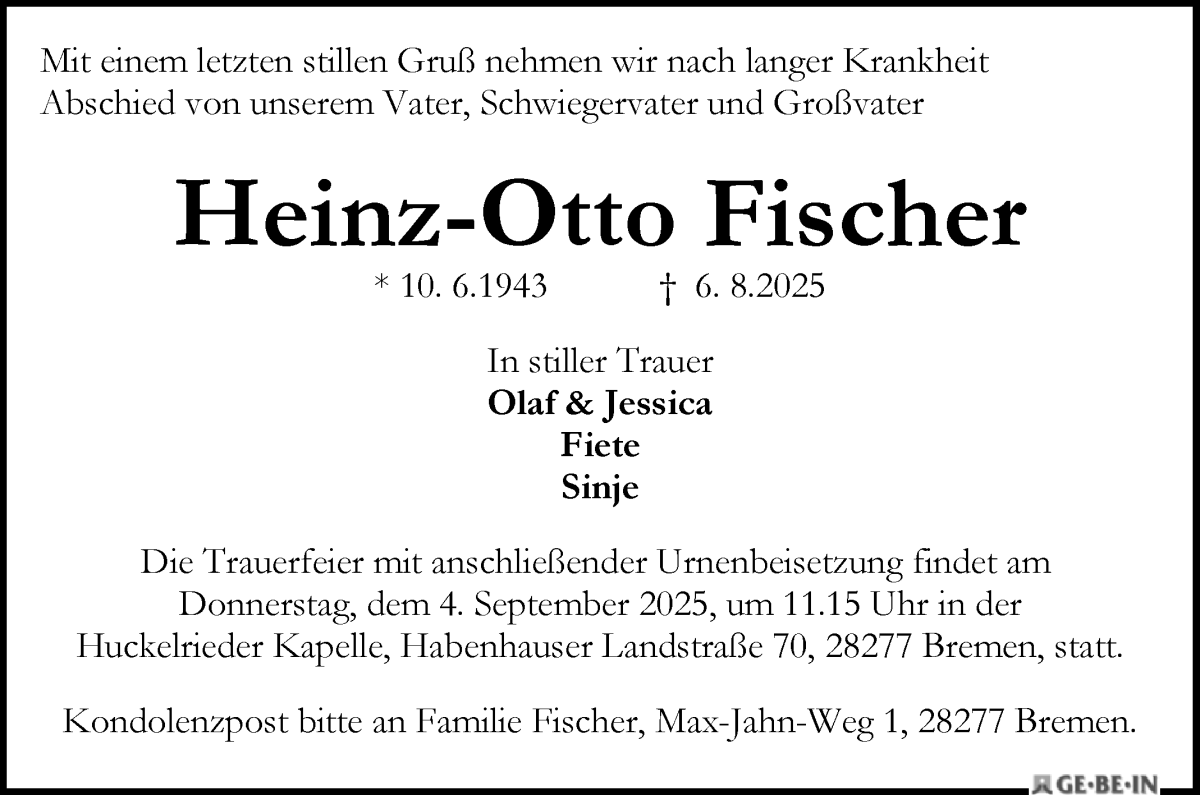 Traueranzeige von Heinz-Otto Fischer von WESER-KURIER