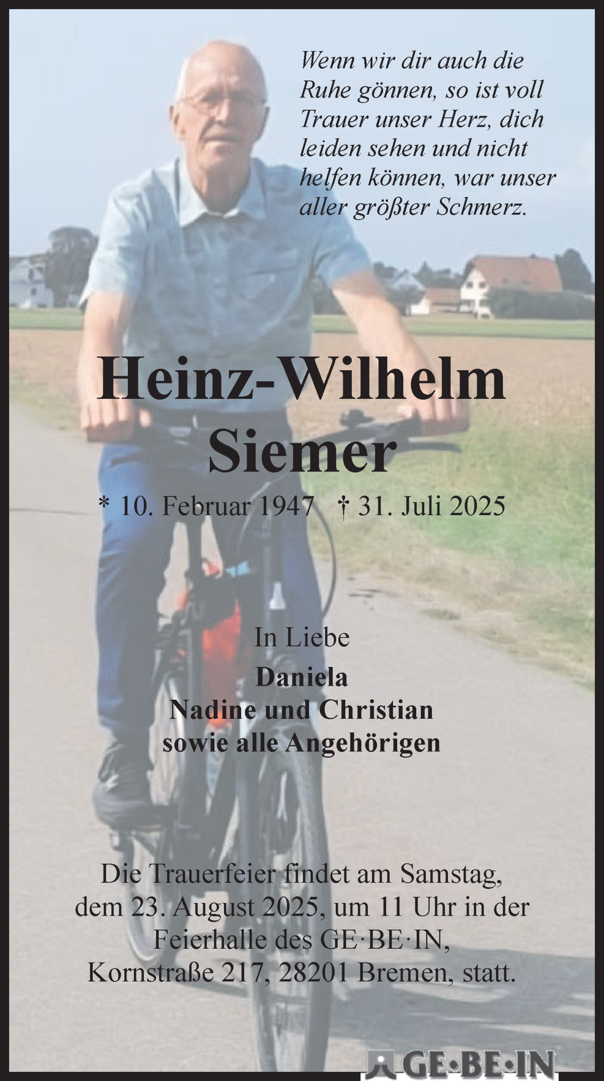 Traueranzeige von Heinz-Wilhelm Siemer von WESER-KURIER