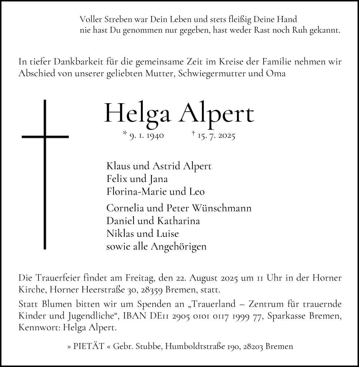 Traueranzeige von Helga Alpert von WESER-KURIER