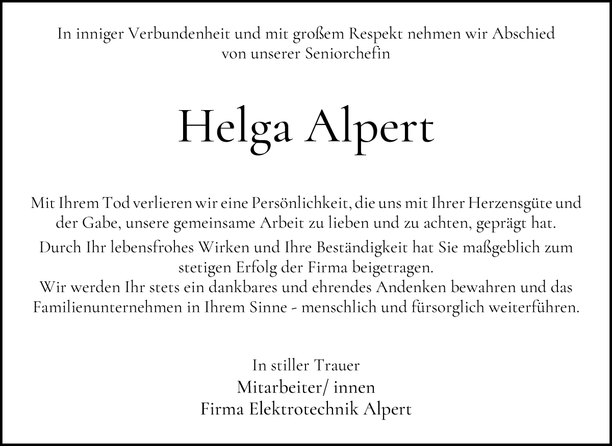 Traueranzeige von Helga Alpert von WESER-KURIER