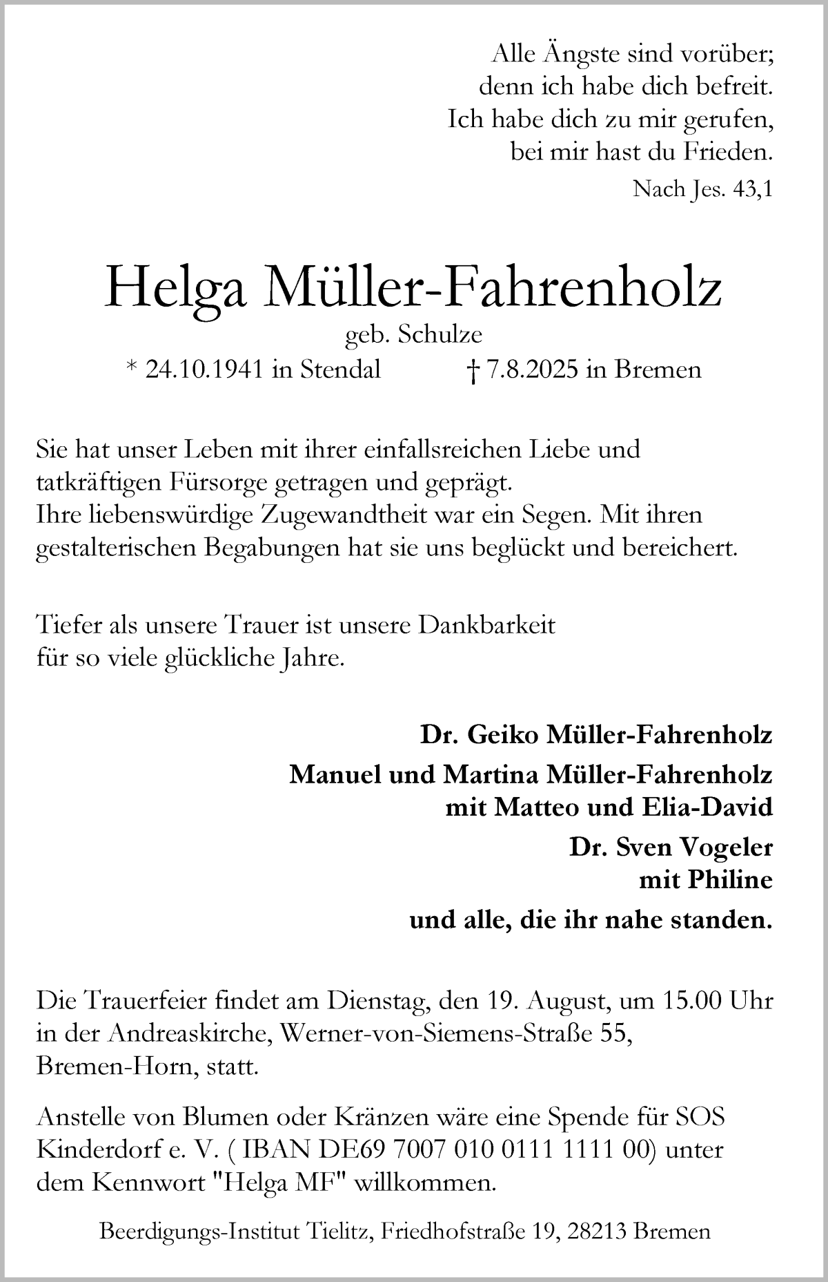 Traueranzeige von Helga Müller-Fahrenholz von WESER-KURIER