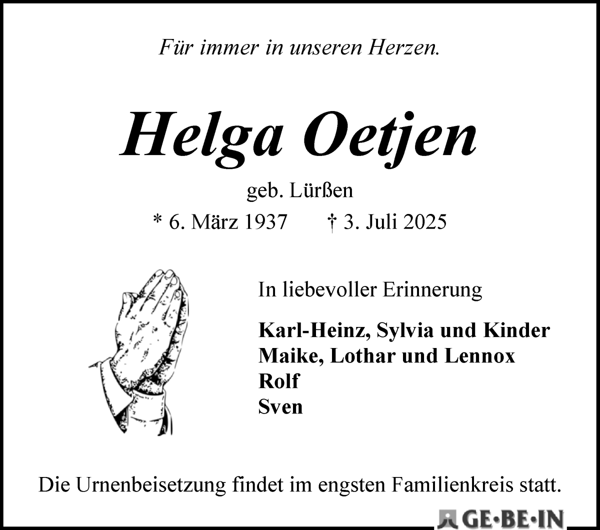 Traueranzeige von Helga Oetjen von WESER-KURIER